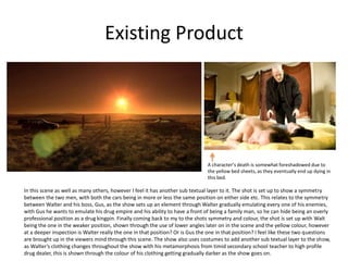 Existing Product
In this scene as well as many others, however I feel it has another sub textual layer to it. The shot is set up to show a symmetry
between the two men, with both the cars being in more or less the same position on either side etc. This relates to the symmetry
between Walter and his boss, Gus, as the show sets up an element through Walter gradually emulating every one of his enemies,
with Gus he wants to emulate his drug empire and his ability to have a front of being a family man, so he can hide being an overly
professional position as a drug kingpin. Finally coming back to my to the shots symmetry and colour, the shot is set up with Walt
being the one in the weaker position, shown through the use of lower angles later on in the scene and the yellow colour, however
at a deeper inspection is Walter really the one in that position? Or is Gus the one in that position? I feel like these two questions
are brought up in the viewers mind through this scene. The show also uses costumes to add another sub textual layer to the show,
as Walter’s clothing changes throughout the show with his metamorphosis from timid secondary school teacher to high profile
drug dealer, this is shown through the colour of his clothing getting gradually darker as the show goes on.
A character’s death is somewhat foreshadowed due to
the yellow bed sheets, as they eventually end up dying in
this bed.
 