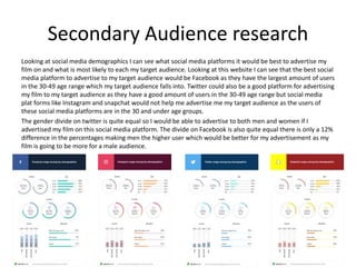 Secondary Audience research
Looking at social media demographics I can see what social media platforms it would be best to advertise my
film on and what is most likely to each my target audience. Looking at this website I can see that the best social
media platform to advertise to my target audience would be Facebook as they have the largest amount of users
in the 30-49 age range which my target audience falls into. Twitter could also be a good platform for advertising
my film to my target audience as they have a good amount of users in the 30-49 age range but social media
plat forms like Instagram and snapchat would not help me advertise me my target audience as the users of
these social media platforms are in the 30 and under age groups.
The gender divide on twitter is quite equal so I would be able to advertise to both men and women if I
advertised my film on this social media platform. The divide on Facebook is also quite equal there is only a 12%
difference in the percentages making men the higher user which would be better for my advertisement as my
film is going to be more for a male audience.
 