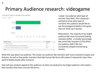 Primary Audience research: videogame
I asked my audience what type of
monster they liked. This is because I
wanted to know what type of
monsters the audience would like to
see the protagonist battle in the game
that can show up in puzzles.
Observation: The majority of my target
audience like more humanoid looking
monsters (63%). A smaller percentage
like animal like monsters (17%) While
my audience didn’t like non
consistently shaped monsters(e.g.
slimes).
P
What this says about my audience: This shows my audience like monsters with more consistent shapes and
features. As well as they prefer monsters that take human like forms (this doesn’t necessarily mean they
want to battle exactly other humans).
How will your product appeal to this audience: to tailor my product to my target audience I will create a
few monsters that have a human like forms.
 