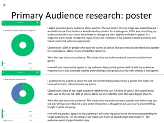 Primary Audience research: poster
P
I asked questions to my audience about posters. The question in the top image was asked because I
wanted to know if my audience would even buy posters for a videogame. If this was something my
audience wouldn’t purchase I would have to change my plans slightly and have it appear in a
magazine witch would change the layout/style a bit. However, if my audience would purchase one
then I could stick with my original plan.
Observation: 100% of people who took the survey all clicked that yes they would indeed buy a poster
for a videogame. While no one clicked the option no.
What this says about my audience: This shows that my audience would buy merchandise from
games.
How will your my product appeal to my audience: My product (poster) will fit with my audiences
responses as it was a concept created around being a side product to my main product a videogame.
I questioned my audience about the size they preferred/would purchase a poster. This helps me
know what size(s) I should create my poster.
Observation: Most of my target audience voted for the size A2 (60% of votes). The second most
votes was to the size A3 (40% of votes). While no one voted for sizes that were bigger than A3.
What this says about my audience: This shows that my audience want a poster size where they can
see everything clearly but not a size where it becomes a struggle to put up or carry around if they
bought it while shopping.
How will my product appeal to my audience: I will tailor my poster to be the most requested by my
target audience A2. For the design I will make sure it can be scaled larger and smaller if the
audiences want a larger/smaller copy.
 