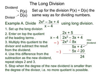 The Long Division
Example A. Divide using long division.
x – 4
2x2 – 3x + 4
1. Set up the long division
2x2 – 3x + 4x – 4
2x + 5
2x2 – 8x3. Multiply this quotient to the
divisor and subtract the result
from the dividend.
4. Use this difference from the
subtraction as the new dividend,
repeat steps 2 and 3.
5. Stop when the degree of the new dividend is smaller than
the degree of the divisor, i.e. no more quotient is possible.
– )
– +
5x + 4
5x – 20– )
– +
24
Set up for the division P(x) ÷ D(x) the
same way as for dividing numbers.D(x)
P(x)
Dividend
Divisor
new
dividend
2. Enter on top the quotient
of the leading terms .
 