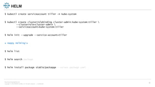 Copyright © 2018 BESPIN GLOBAL, Inc. All rights reserved | Confidential
http://www.bespinglobal.com
22
HELM
$ kubectl create serviceaccount tiller -n kube-system
$ kubectl create clusterrolebinding cluster-admin:kube-system:tiller 
--clusterrole=cluster-admin 
--serviceaccount=kube-system:tiller
$ helm init --upgrade --service-account=tiller
⎈ Happy Helming!⎈
$ helm list
$ helm search package
$ helm install package stable/packapge --values package.yaml
 
