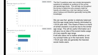 The first 2 questions were very simple demographic
questions to establish an audience of the survey
and gender/age divide. This will help me throughout
the survey to determine why answers might be
heavily one sided (e.g. only men taking a survey
about makeup and therefore (generally) having little
knowledge)
We can see that gender is relatively balanced
And the age range being heavily dominated by
<18-24 year olds. This means if there is a trend
of similar answers it could be due to the similar
age range. This will be useful information as it
will give me an idea of the social media usage
of a very specific age range.
It will also allow me to realise whether or not
my concept holds up in the real world. Since
<18-24 year olds are generally the heaviest
social media users.
 