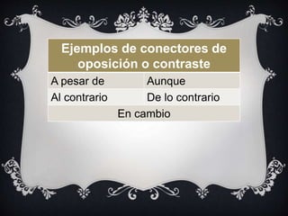 Ejemplos de conectores de
oposición o contraste
A pesar de Aunque
Al contrario De lo contrario
En cambio
 
