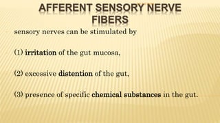AFFERENT SENSORY NERVE
FIBERS
- sensory nerves can be stimulated by
- (1) irritation of the gut mucosa,
- (2) excessive distention of the gut,
- (3) presence of specific chemical substances in the gut.
DR S B PHIRI
 