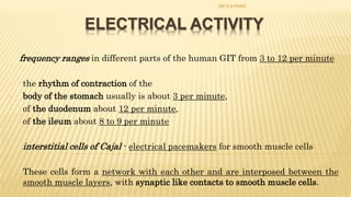 ELECTRICAL ACTIVITY
frequency ranges in different parts of the human GIT from 3 to 12 per minute
- the rhythm of contraction of the
- body of the stomach usually is about 3 per minute,
- of the duodenum about 12 per minute,
- of the ileum about 8 to 9 per minute
- interstitial cells of Cajal - electrical pacemakers for smooth muscle cells
- These cells form a network with each other and are interposed between the
smooth muscle layers, with synaptic like contacts to smooth muscle cells.
DR S B PHIRI
 
