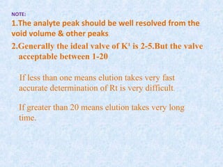 NOTE:
1.The analyte peak should be well resolved from the
void volume & other peaks.
2.Generally the ideal valve of K¹ is 2-5.But the valve
acceptable between 1-20
If less than one means elution takes very fast
accurate determination of Rt is very difficult.
If greater than 20 means elution takes very long
time.
 