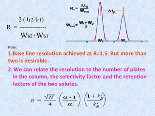 2 ( tr2-tr1)
R = -------------
Wb2+Wb1
Note:
1.Base line resolution achieved at R=1.5. But more than
two is desirable.
2.We can relate the resolution to the number of plates
in the column, the selectivity factor and the retention
factors of the two solutes.
 