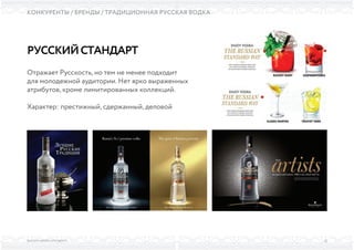 Отражает Русскость, но тем не менее подходит
для молодежной аудитории. Нет ярко выраженных
атрибутов, кроме лимитированных коллекций.
Характер: престижный, сдержанный, деловой
РУССКИЙСТАНДАРТ
ВЫСШАЯ ШКОЛА БРЕНДИНГА
КОНКУРЕНТЫ / БРЕНДЫ / ТРАДИЦИОННАЯ РУССКАЯ ВОДКА
12
 