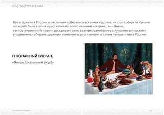 ВЫСШАЯ ШКОЛА БРЕНДИНГА
ПЛАТФОРМА БРЕНДА
54
Как издревле в России за застольем собиралась вся семья и друзья, на стол собирали лучшие
яства, что были в доме и рассказывали всевозможные истории, так и Янков,
как гостеприимный хозяин раскрывает свою скатерть-самобранку с лучшими заморскими
угощениями, собирает дружную компанию и рассказывает о своем путешествии в Россию.
ГЕНЕРАЛЬНЫЙСЛОГАН:
«Янков. Сказочный Вкус!»
 