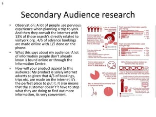 Secondary Audience research
• Observation: A lot of people use pervious
experience when planning a trip to york.
And then they consult the internet with
13% of those search's directly related to
visityork.org . 4/5 of advance bookings
are made online with 1/5 done on the
phone.
• What this says about my audience: A lot
of information people don’t already
know is found online or through the
Information Centre.
• How will your product appeal to this
audience: My product is solely internet
adverts so given that 4/5 of bookings,
trips etc. are made on the internet it’s
the perfect place to put it. It also means
that the customer doesn't’t have to stop
what they are doing to find out more
information, its very convenient.
s
 