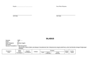 Kepala .................................................... Guru Mata Pelajaran,
NIP/NRK NIP/NRK
SILABUS
Sekolah : SMP ......
Kelas : VII
Mata Pelajaran :Bahasa Inggris
Semester : 2
Standar Kompetensi : 7.Mendengarkan
Memahami makna dalam percakapan transaksional dan interpersonal sangat sederhana untuk berinteraksi dengan llingkungan
terdekat
Kompetensi
Dasar
Materi
Pokok/
Pembelajaran
Kegiatan
Pembelajaran
Indikator
Penilaian
Alokasi
Waktu
Sumber
BelajarTeknik Bentuk
Instrumen
Contoh
Instrumen
 