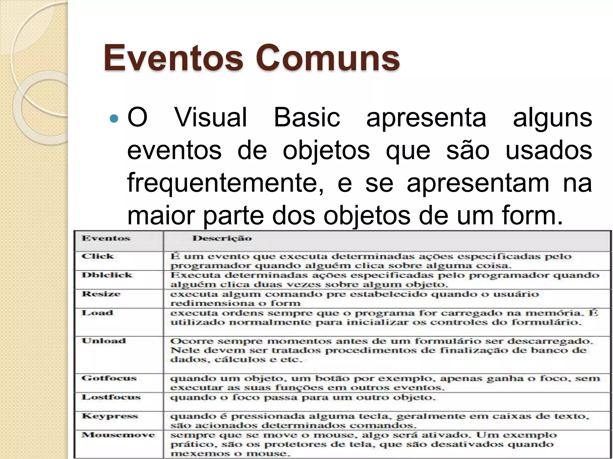 Eventos Comuns
 O Visual Basic apresenta alguns
eventos de objetos que são usados
frequentemente, e se apresentam na
maior parte dos objetos de um form.
 