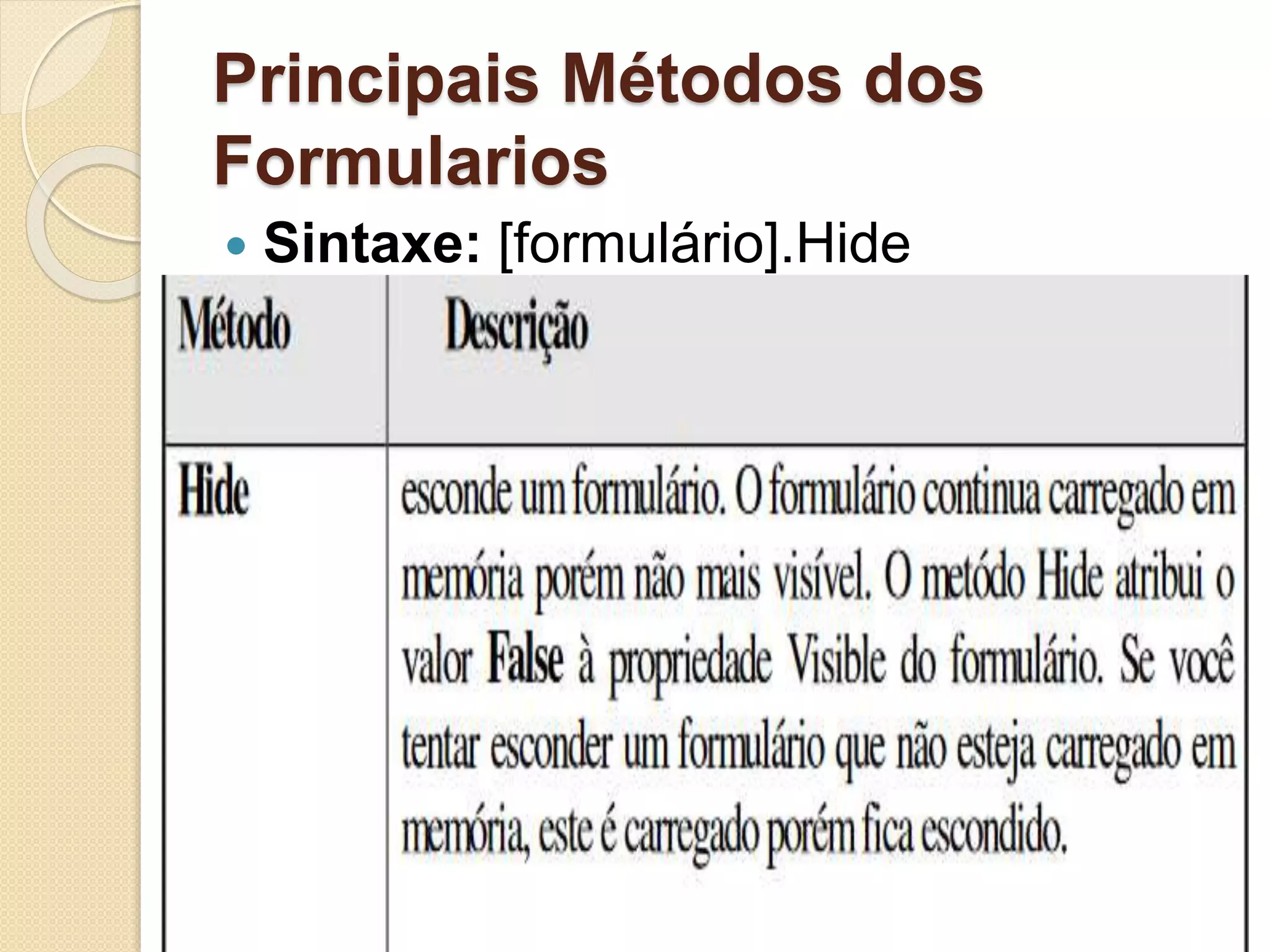 Principais Métodos dos
Formularios
 Sintaxe: [formulário].Hide
 