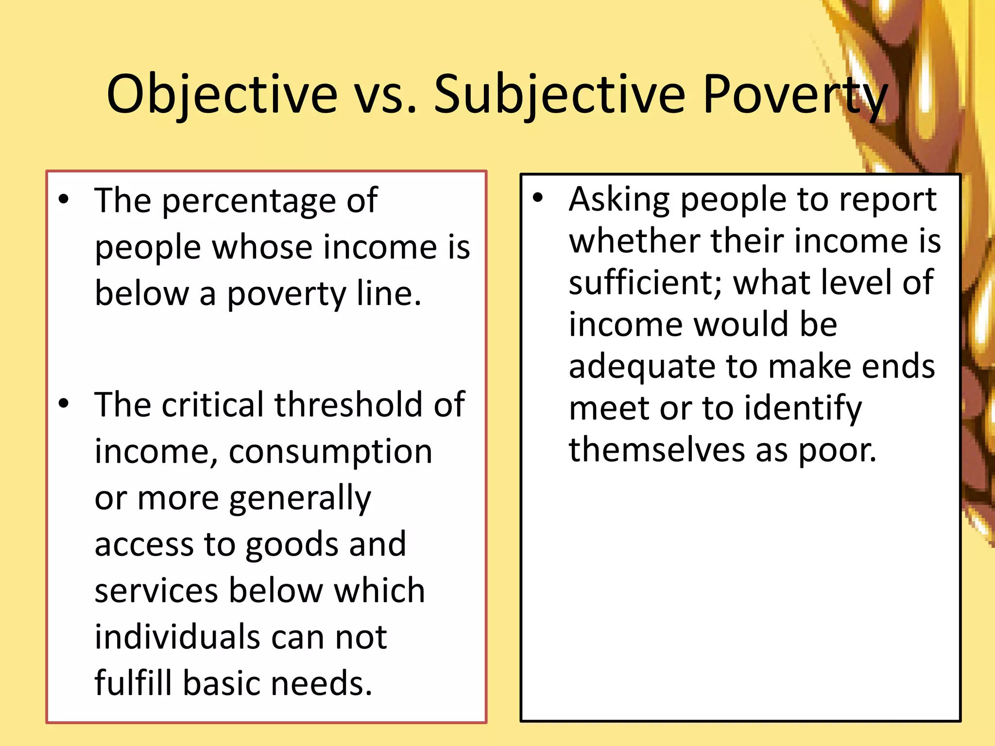 Objective vs. Subjective Poverty
• Asking people to report
whether their income is
sufficient; what level of
income would be
adequate to make ends
meet or to identify
themselves as poor.
• The percentage of
people whose income is
below a poverty line.
• The critical threshold of
income, consumption
or more generally
access to goods and
services below which
individuals can not
fulfill basic needs.
 