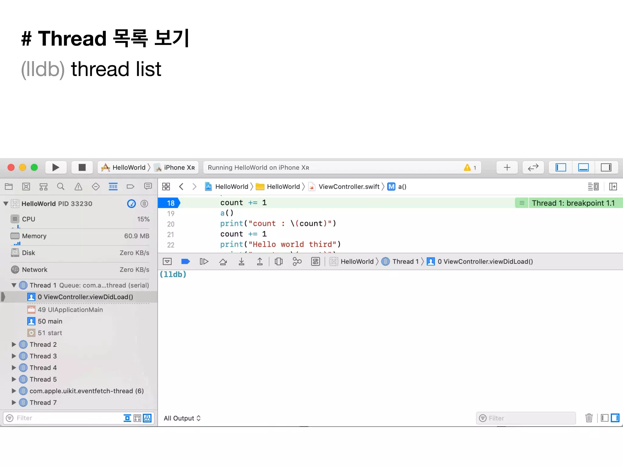 # Thread
(lldb) thread list
 