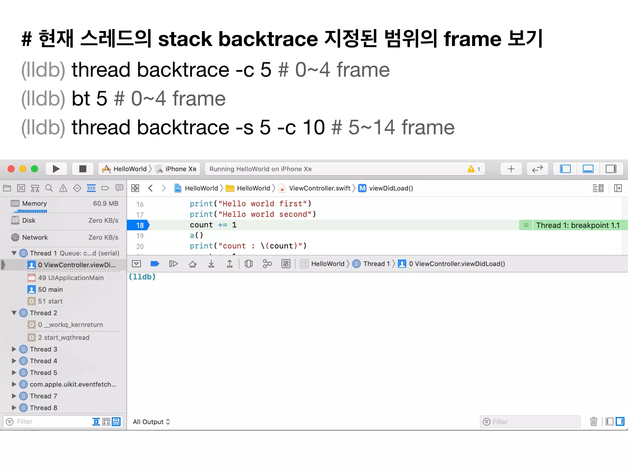 # stack backtrace frame
(lldb) thread backtrace -c 5 # 0~4 frame

(lldb) bt 5 # 0~4 frame

(lldb) thread backtrace -s 5 -c 10 # 5~14 frame
 