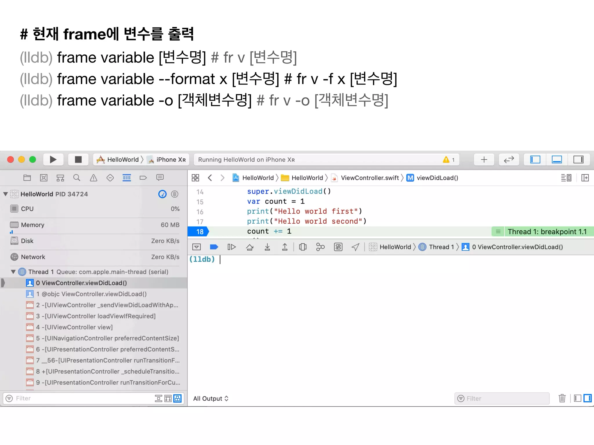 # frame
(lldb) frame variable [ ] # fr v [ ]

(lldb) frame variable --format x [ ] # fr v -f x [ ]

(lldb) frame variable -o [ ] # fr v -o [ ]

 