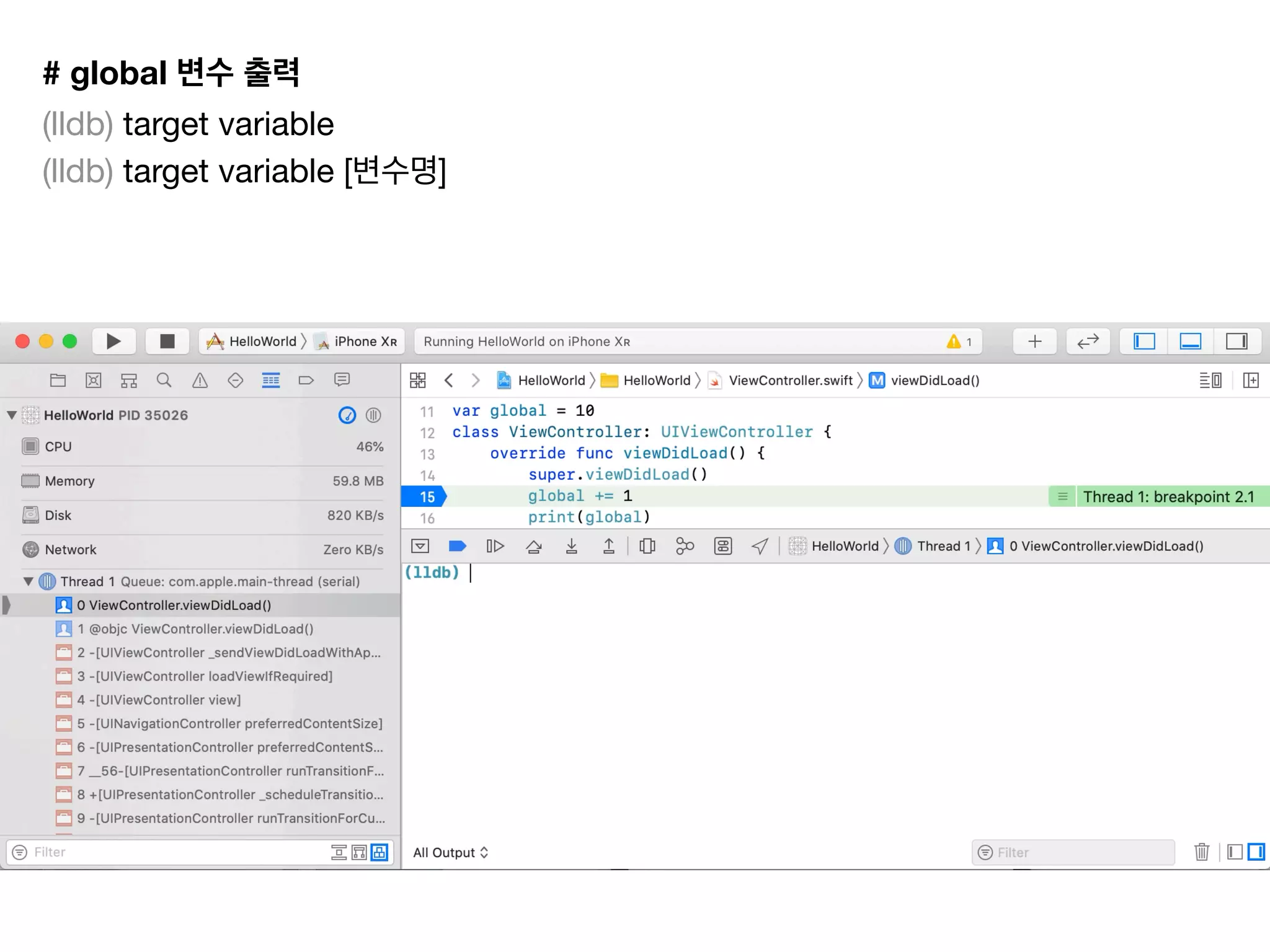 # global
(lldb) target variable

(lldb) target variable [ ]

 
