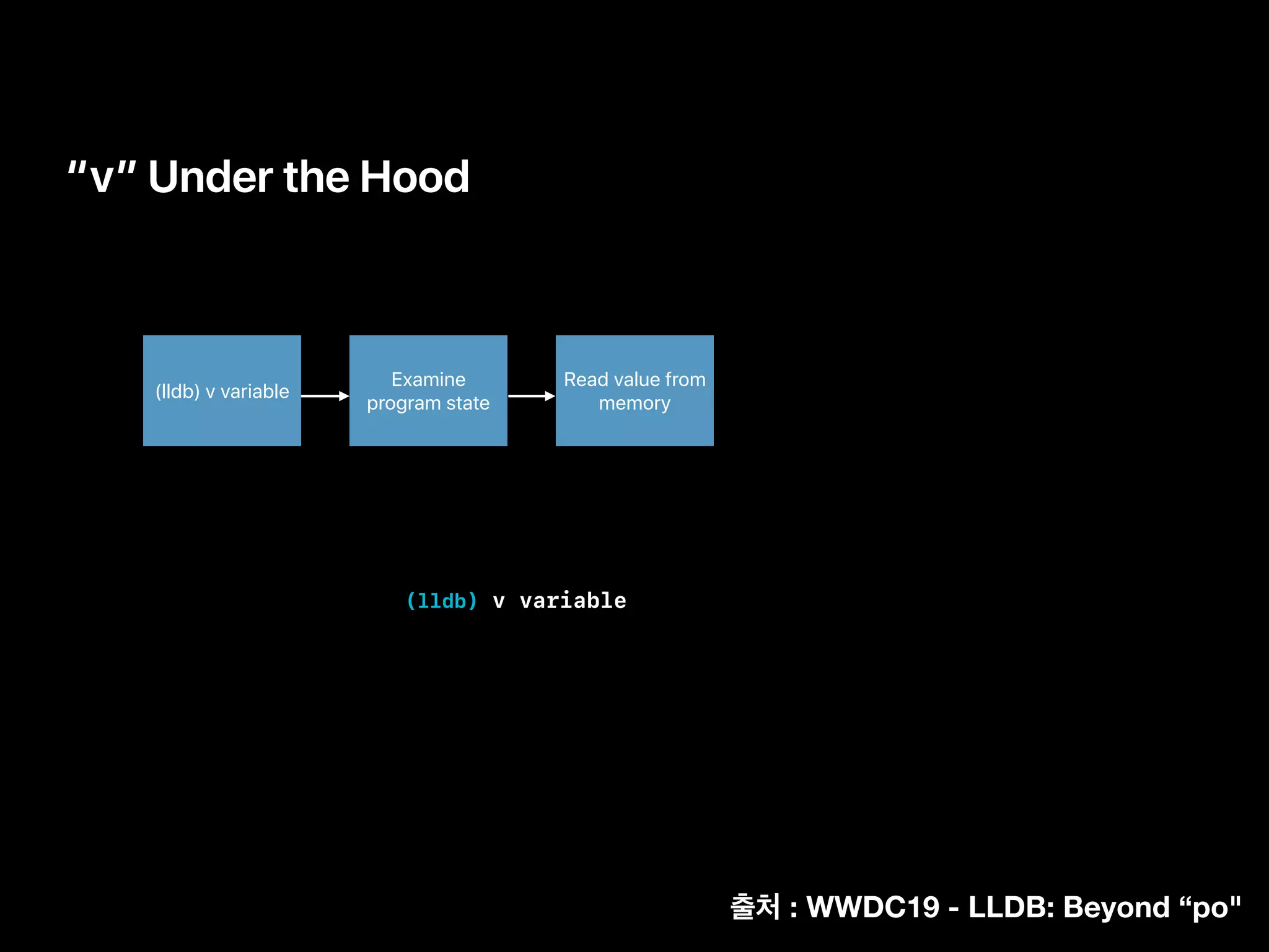 “v” Under the Hood
Examine
program state
Read value from
memory
(lldb) v variable
(lldb) v variable
: WWDC19 - LLDB: Beyond “po"
 