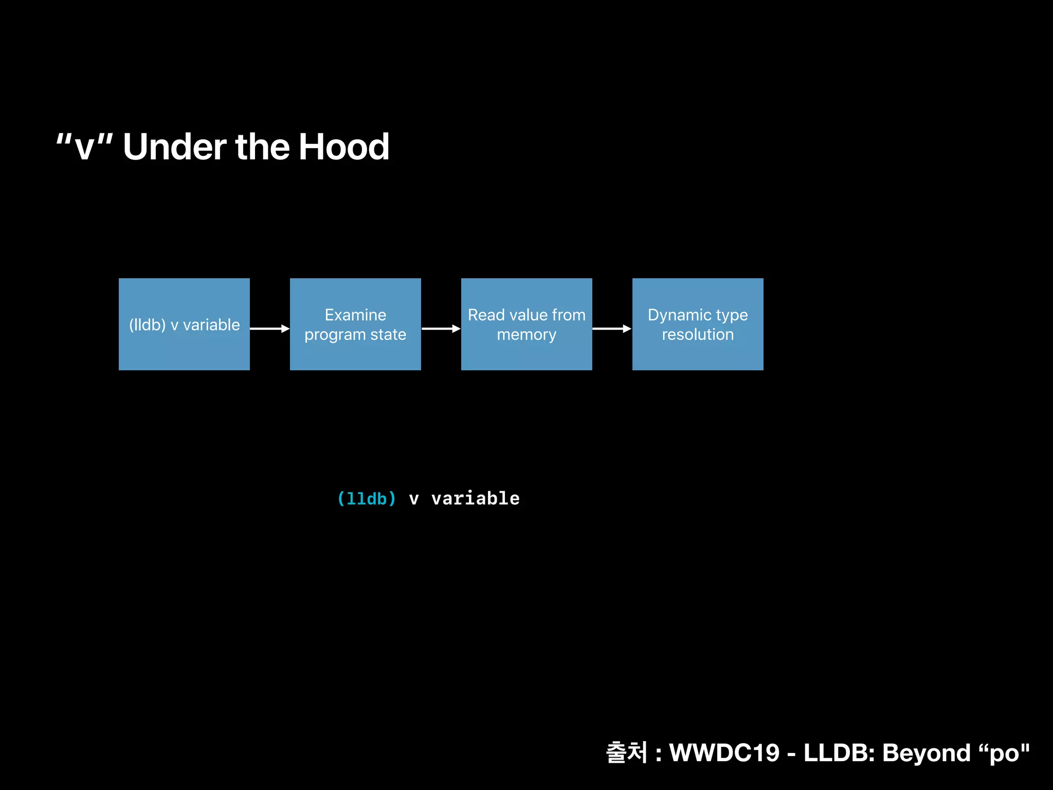 “v” Under the Hood
Examine
program state
Read value from
memory
Dynamic type
resolution
(lldb) v variable
(lldb) v variable
: WWDC19 - LLDB: Beyond “po"
 