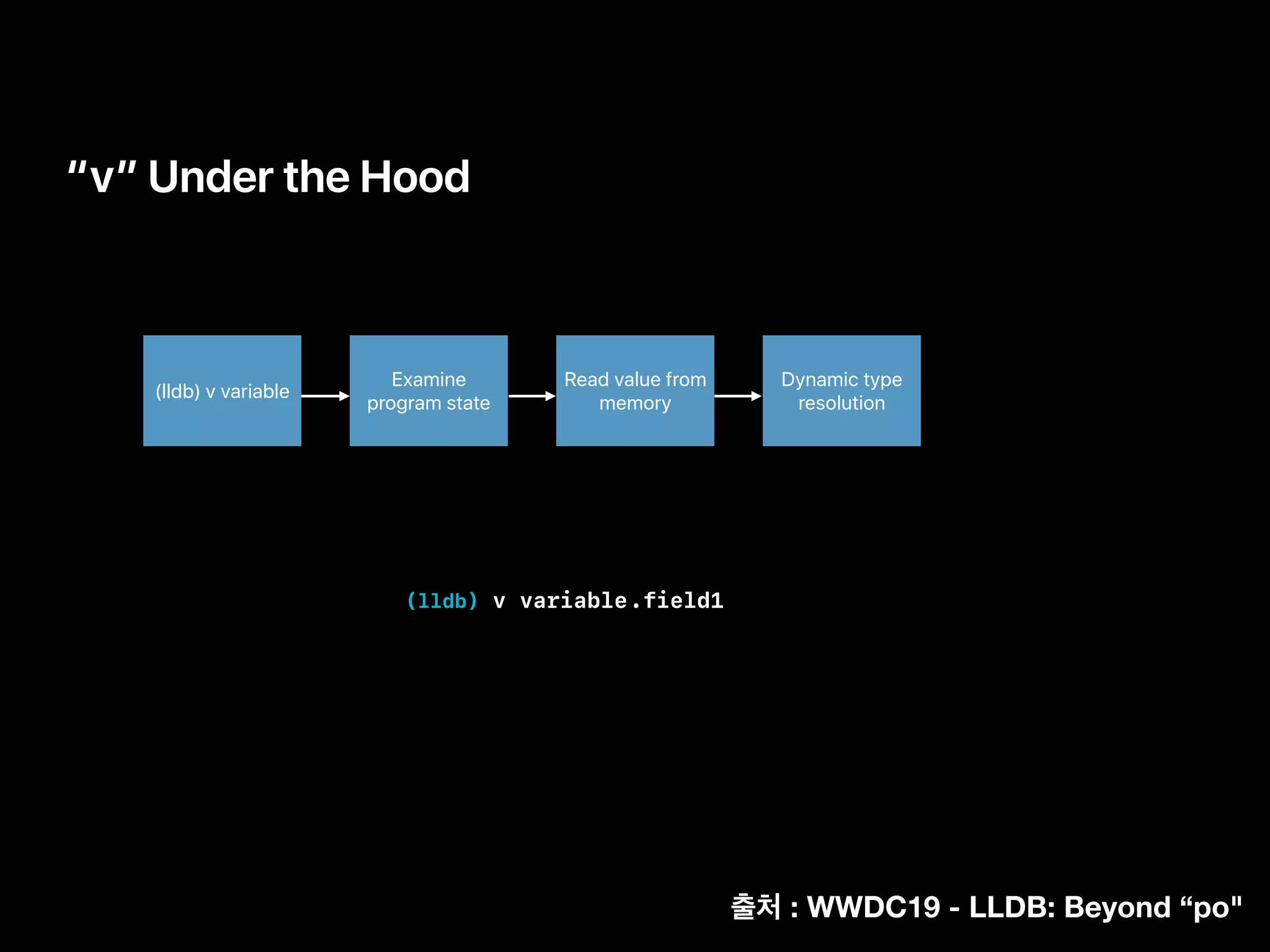 “v” Under the Hood
Examine
program state
Read value from
memory
Dynamic type
resolution
(lldb) v variable.field1
(lldb) v variable
: WWDC19 - LLDB: Beyond “po"
 