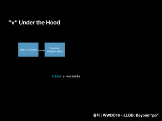 “v” Under the Hood
Examine
program state
(lldb) v variable
(lldb) v variable
: WWDC19 - LLDB: Beyond “po"
 