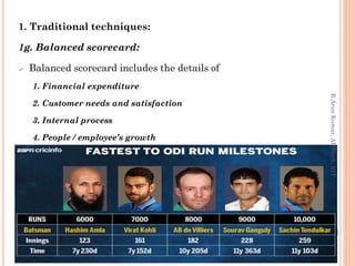 1. Traditional techniques:
1g. Balanced scorecard:
 Balanced scorecard includes the details of
1. Financial expenditure
2. Customer needs and satisfaction
3. Internal process
4. People / employee’s growth
R.ArunKumar,AP/Mech,RIT
 