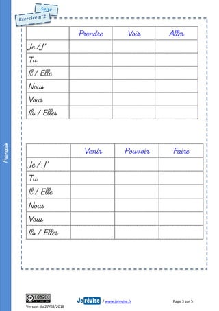/ www.jerevise.fr Page 3 sur 5
Version du 27/03/2018
Prendre Voir Aller
Je /J'
Tu
Il / Elle
Nous
Vous
Ils / Elles
Venir Pouvoir Faire
Je / J'
Tu
Il / Elle
Nous
Vous
Ils / Elles
Français
 