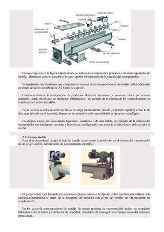 Como se aprecia en la figura adjunta donde se indican los componentes principales de un transportador de
tornillo, elementos como el canalón o la tapa superior forman parte de la carcasa del transportador.
Normalmente, los elementos que componen la carcasa de los transportadores de tornillo están fabricadas
en chapa de acero al carbono de 3 a 6 mm de espesor.
Cuando se trata de la manipulación de productos altamente abrasivos o corrosivos, o bien por razones
sanitarias (como en el caso de productos alimenticios), las paredes de la carcasa de los transportadores se
construyen en acero inoxidable.
En la carcasa se colocan tanto las bocas de carga (normalmente situada en la tapa superior) como la de
descarga (situada en el canalón), dispuestas de acuerdo con las necesidades del proceso tecnológico.
En algunos casos, por necesidades higiénicas, sanitarias o de otra índole, las paredes de la carcasa del
transportador son totalmente cerradas y herméticas, configurando una especie de tubo dentro del cual gira el
sin fin.
2.3- Grupo motriz
Para el accionamiento de giro del eje del tornillo es necesario la instalación en el sistema del transportador
de un grupo motriz, normalmente de accionamiento eléctrico.
El grupo motriz está formado por un motor-reductor con base de fijación sobre una bancada solidaria a la
carcasa, efectuándose la unión de la mangueta del reductor con el eje del tornillo sin fin mediante un
acoplamiento.
En los casos de transportadores de tornillo de mayor potencia es recomendable incluir un acoplador
hidráulico entre el motor y el reductor de velocidad, con objeto de conseguir un arranque suave del sistema a
plena carga.
 