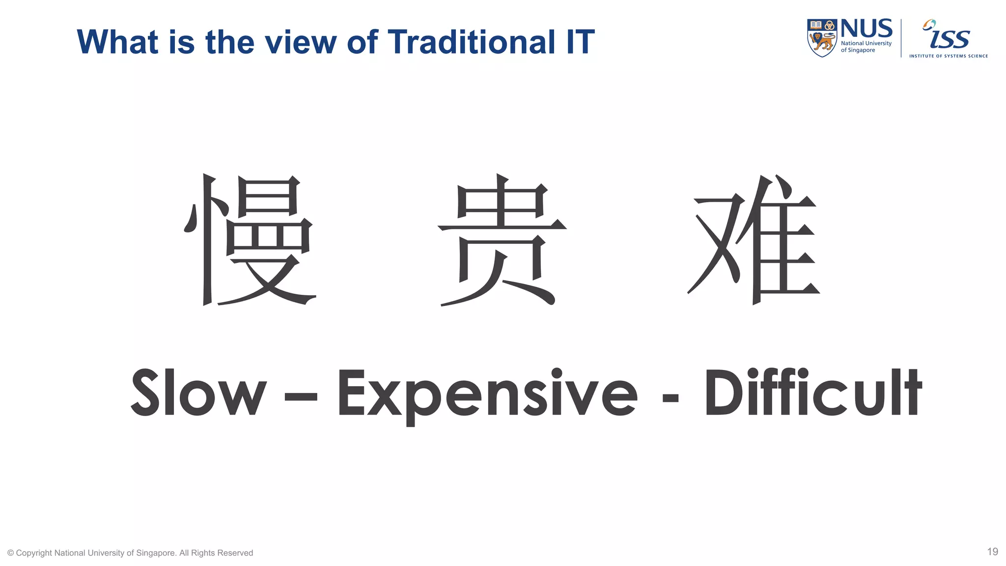 What is the view of Traditional IT
© Copyright National University of Singapore. All Rights Reserved 19
慢 贵 难
Slow – Expensive - Difficult
 