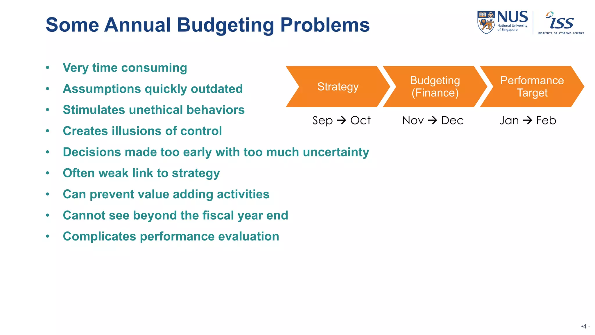 Some Annual Budgeting Problems
• Very time consuming
• Assumptions quickly outdated
• Stimulates unethical behaviors
• Creates illusions of control
• Decisions made too early with too much uncertainty
• Often weak link to strategy
• Can prevent value adding activities
• Cannot see beyond the fiscal year end
• Complicates performance evaluation
•4 -
Strategy
Budgeting
(Finance)
Performance
Target
Sep à Oct Nov à Dec Jan à Feb
 