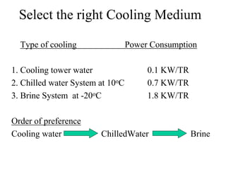 Select the right Cooling Medium
Type of cooling Power Consumption
1. Cooling tower water 0.1 KW/TR
2. Chilled water System at 10oC 0.7 KW/TR
3. Brine System at -20oC 1.8 KW/TR
Order of preference
Cooling water ChilledWater Brine
 