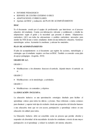  INFORME PEDAGOGICO
 REPORTE DE CENTRO EXTERNO O DECE
 ADAPTACIONES CURRICULARES
 Apertura del DIAC y realización del PLAN DE ACOMPAÑAMIENTO
DIAC
Es el documento creado por el equipo de profesionales que intervienen en el proceso
educativo del estudiante. Cuenta con información relevante y confidencial, y detalla las
adaptaciones según el grado y la necesidad que presenta el alumno. Adaptaciones
curriculares (AC) son todas las adecuaciones o cambios curriculares necesarios para
atender las NEE de uno o varios estudiantes dentro de una institución educativa. Gestionar
metodologías activas Acomodar la enseñanza y adecuar los materiales.
PLAN DE ACOMPAÑAMIENTO
El plan de acompañamiento es el documento que registra las acciones, metodologías y
estrategias que el estudiante requiere con base en DIAC. También es conocido como plan
de apoyo pedagógico. (Logroño, 2018)
GRADO DE A.C.
GRADO 1
 Modificaciones a los elementos deacceso al currículo, dejando intacto el currículo en
sí.
GRADO 2
 Modificaciones en la metodología y actividades.
GRADO 3
 Modificaciones en contenidos y objetivos
LA EDUCACIÓN INCLUSIVA
La educación inclusiva es una aproximación estratégica diseñada para facilitar el
aprendizaje exitoso para todos los niño/as y jóvenes. Hace referencia a metas comunes
para disminuir y superar todo tipo de exclusión desde una perspectiva del derecho humano
a una educación; tiene que ver con acceso, participación y aprendizaje exitoso en una
educación de calidad para todos.
La Educación Inclusiva debe ser concebida como un proceso que permite abordar y
responder a la diversidad de las necesidades de todos los estudiantes a través de una mayor
participación en el aprendizaje y reducir la exclusión del sistema educativo.
 