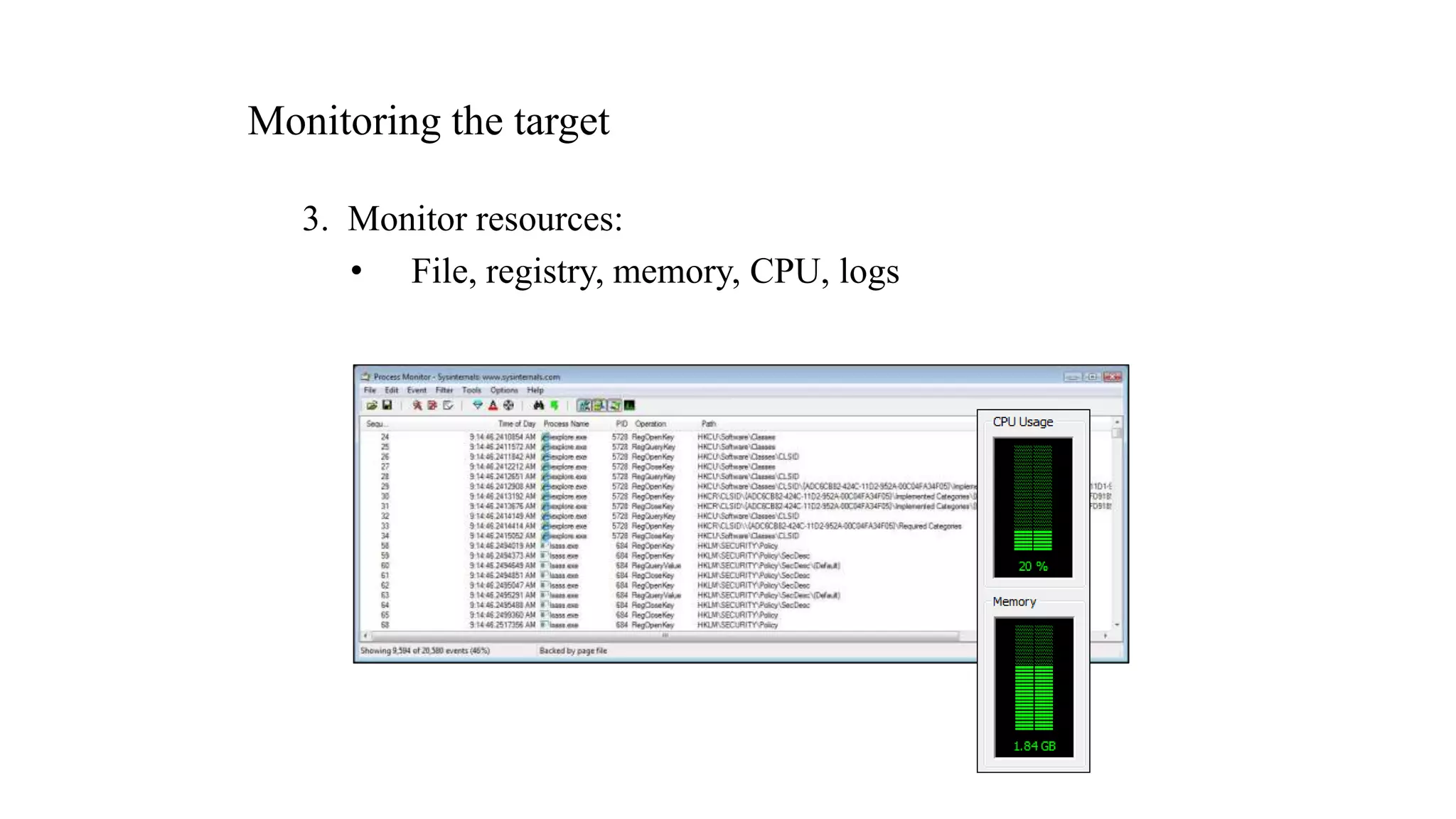 Monitoring the target
3. Monitor resources:
• File, registry, memory, CPU, logs
 