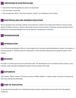 LIMITATIONS IN EXISTENTIALISM
Educational methods applied are said to be impractical.
Time and effort consuming.
The concepts like ‘being’ ‘meaning’ existence’ ‘person’ are ambiguous and not clear.
EXISTENTIALISM AND NURSING EDUCATION
Nurse educator has to promote creativity among learners, teacher has to keep hard efforts to improve social
aspect of health in learners. Teacher will provide conducive environment in teaching, learning situations which
endorse the mental psychological and social aspects in development of learners.
PROGRESSIVISM
INTRODUCTION
It is an American philosophy, which is a revolt against the ‘formal/conventional/traditional’ system of education. It
became popular, in 1929 the economic depression of USA adversely affected the educational system of the
country.
MEANING
Education is centred around for the present life itself. The development of an individual and the society is only
possible, when education facilitates the growth of every phase of the child.
EXPONENTS
John Dewey; William James; G Thomas Lawrence; William Kilpatric. A large number of schools in Europe and
USA were started this philosophy
AIMS OF EDUCATION
To develop the personality of an individual through providing a democratic environment in the educational
institutions.
 