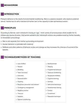 BEHAVIORISM
INTRODUCTION
Person's behavior is the result of environmental conditioning. Man is a passive recipient, who reacts to external
stimuli, he/she has no will or decision of his/her own or the capacity to take spontaneous action.
PRINCIPLES
According to Skinner, each individual is having an ‘ego’, ‘mind’ centre of consciousness which enable him to
choose any course of action, that he/she wanted to do. Individual's actions are predetermined by his/her heredity
or immediate surroundings.
Man is not separate from his/her surrounding environment
Human behavior is controlled with creativity
Reflexes and other patterns of behavior evolve and change as they increases the chances of survival of the
species.
TECHNIQUES/METHODS OF TEACHING
Law of effect
Reward
Modeling
Token economy
Extinction
Desensitization
Flooding
Response prevention and restraint
Contingency management
Negative practice
Time-out
Satiation
Operant conditioning
Reinforcement
Shaping
Programmed behavior
Classical conditioning
Reciprocal inhibition
Cognitive learning
Aversion
Self-control technique
Assertiveness training
Contact
Punishment
Relaxation technique
 