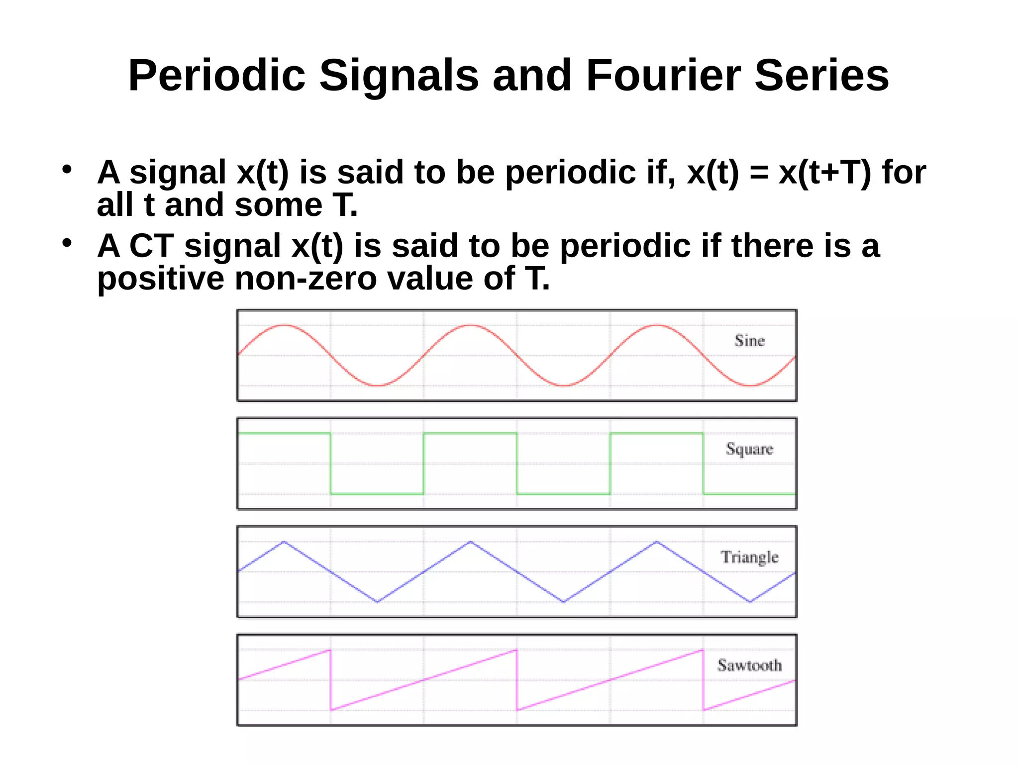 Periodic Signals and Fourier Series

A signal x(t) is said to be periodic if, x(t) = x(t+T) for
all t and some T.

A CT signal x(t) is said to be periodic if there is a
positive non-zero value of T.
 