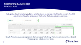 23
Retargeting & Audiences
Best practice tactics
Retargeting should target any audience who has shown an increased likelihood to convert. Your bid
adjustments should be set based on the level of the increased conversion rate.
Google Analytics advanced segments is the best way of calculating the increase in conversion rate and
the appropriate bid adjustment to set.
 