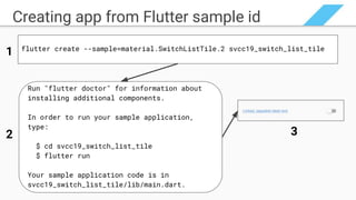 Creating app from Flutter sample id
Run "flutter doctor" for information about
installing additional components.
In order to run your sample application,
type:
$ cd svcc19_switch_list_tile
$ flutter run
Your sample application code is in
svcc19_switch_list_tile/lib/main.dart.
flutter create --sample=material.SwitchListTile.2 svcc19_switch_list_tile
1
2 3
 