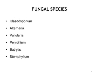FUNGAL SPECIES
• Clasdosporium
• Alternaria
• Pullularia
• Penicillium
• Batrytis
• Stemphylium
16
 