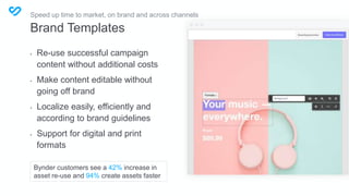 Brand Templates
• Re-use successful campaign
content without additional costs
• Make content editable without
going off brand
• Localize easily, efficiently and
according to brand guidelines
• Support for digital and print
formats
Speed up time to market, on brand and across channels
Bynder customers see a 42% increase in
asset re-use and 94% create assets faster
 