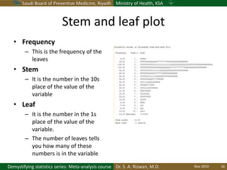 Saudi Board of Preventive Medicine, Riyadh Ministry of Health, KSA
Dr. S. A. Rizwan, M.D.Demystifying statistics series: Meta-analysis course
Stem and leaf plot
• Frequency
– This is the frequency of the
leaves
• Stem
– It is the number in the 10s
place of the value of the
variable
• Leaf
– It is the number in the 1s
place of the value of the
variable.
– The number of leaves tells
you how many of these
numbers is in the variable
Nov 2019 16
 