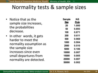 Saudi Board of Preventive Medicine, Riyadh Ministry of Health, KSA
Dr. S. A. Rizwan, M.D.Demystifying statistics series: Meta-analysis course
Normality tests & sample sizes
• Notice that as the
sample size increases,
the probabilities
decrease.
• In other words, it gets
harder to meet the
normality assumption as
the sample size
increases since even
small departures from
normality are detected.
Nov 2019 38
 