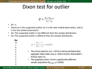 Saudi Board of Preventive Medicine, Riyadh Ministry of Health, KSA
Dr. S. A. Rizwan, M.D.Demystifying statistics series: Meta-analysis course
• df = n
• where xn is the suspected outlier, xn-1 is the next ranked observation, and x1
is the last ranked observation.
• Ho: The suspected outlier is not different than the sample distribution.
• Ha: The suspected outlier is different than the sample distribution.
• Thecritical value for ann =10from VermaandQuiroz-Ruiz
expanded Dixon table atan α =0.05is0.4122.Since0.6667>
0.4122,reject Ho.
• Thesuspected outlier isfrom asignificantly different
sample population (Q0.6667, p <0.005).
Obs
15
7
6
6
5
5
5
4
4
3
Dixon test for outlier
Nov 2019 42
 
