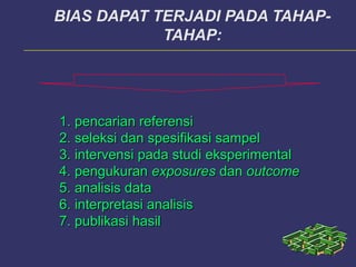 BIAS DAPAT TERJADI PADA TAHAP-
TAHAP:
1. pencarian referensi1. pencarian referensi
2. seleksi dan spesifikasi sampel2. seleksi dan spesifikasi sampel
3. intervensi pada studi eksperimental3. intervensi pada studi eksperimental
4. pengukuran4. pengukuran exposuresexposures dandan outcomeoutcome
5. analisis data5. analisis data
6. interpretasi analisis6. interpretasi analisis
7. publikasi hasil7. publikasi hasil
 