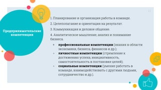 Предпринимательские
компетенции
1. Планирование и организация работы в команде.
2. Целеполагание и ориентация на результат.
3. Коммуникация и деловое общение.
4. Аналитическое мышление, анализ и понимание
бизнеса.
+ профессиональные компетенции (знания в области
экономики, бизнеса, финансов и др.);
+ личностные компетенции (стремление к
достижению успеха, инициативность,
самостоятельность в постановке целей);
+ социальные компетенции (умение работать в
команде, взаимодействовать с другими людьми,
сотрудничество и др.).
12
 