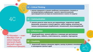 4С
15
1C – Critical Thinking
• умение определить и решить проблему; анализировать, понимать и
интерпретировать информации; оценка и принятие решений,
кросспредметность (в мире все взаимосвязано и важно это видеть)
2С – Communication
• умение донести свою мысль до окружающих, поделиться идеей,
решением, услышать и понять другого, найти подход, используя все
каналы коммуникации (вербальный, письменный, мультимедийный)
3C– Collaboration
• взаимодействие, умение работать в команде для достижения
общей цели, гибкость, ответственность, синергия, партнерство
4C – Creativity
• творческий подход в решении задачи, выход за рамки и инновации
в нахождении ценных идей
4С-Education — ответ
Минобра США на
запрос ведущих
компаний (Apple,
Microsoft и других
глобальных брендов).
 