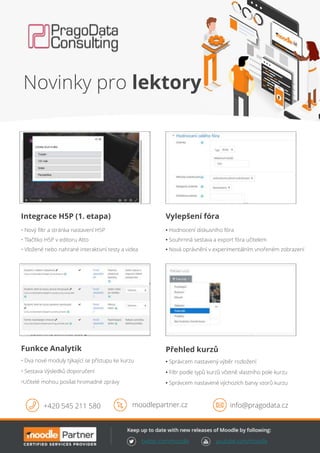 twitter.com/moodle youtube.com/moodle
Vylepšení fóra
• Hodnocení diskusního fóra
• Souhrnná sestava a export fóra učitelem
• Nová oprávnění v experimentálním vnořeném zobrazení
Přehled kurzů
• Správcem nastavený výběr rozložení
• Filtr podle typů kurzů včetně vlastního pole kurzu
• Správcem nastavené výchozích barvy vzorů kurzu
Funkce Analytik
• Dva nové moduly týkající se přístupu ke kurzu
• Sestava Výsledků doporučení
•Učitelé mohou posílat hromadné zprávy
+420 545 211 580 moodlepartner.cz info@pragodata.cz
Integrace H5P (1. etapa)
• Nový filtr a stránka nastavení H5P
• Tlačítko H5P v editoru Atto
• Vložené nebo nahrané interaktivní testy a videa
Novinky pro lektory
 