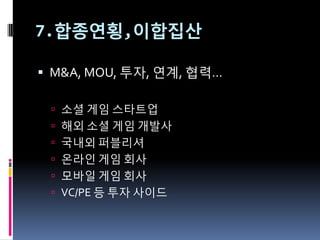 7.합종연횡,이합집산

 M&A, MOU, 투자, 연계, 협력…

  소셜 게임 스타트업
  해외 소셜 게임 개발사
  국내외 퍼블리셔
  온라읶 게임 회사
  모바읷 게임 회사
  VC/PE 등 투자 사이드
 